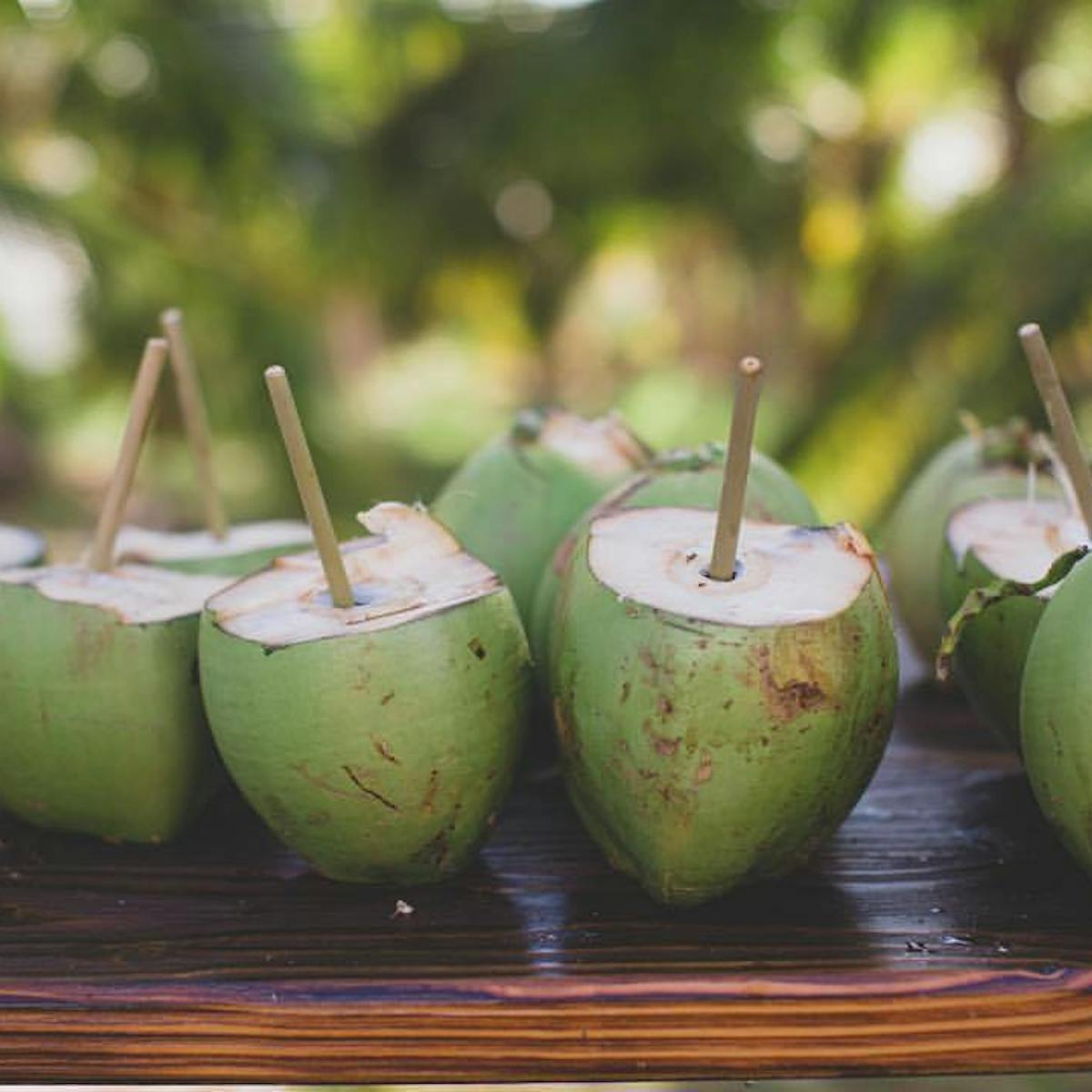 a group coconut fruit with wooden straws sitting on a table