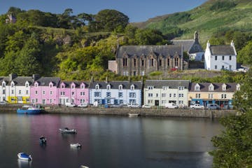Row of houses by water, Portree, Isle of Skye, Scotland, UK