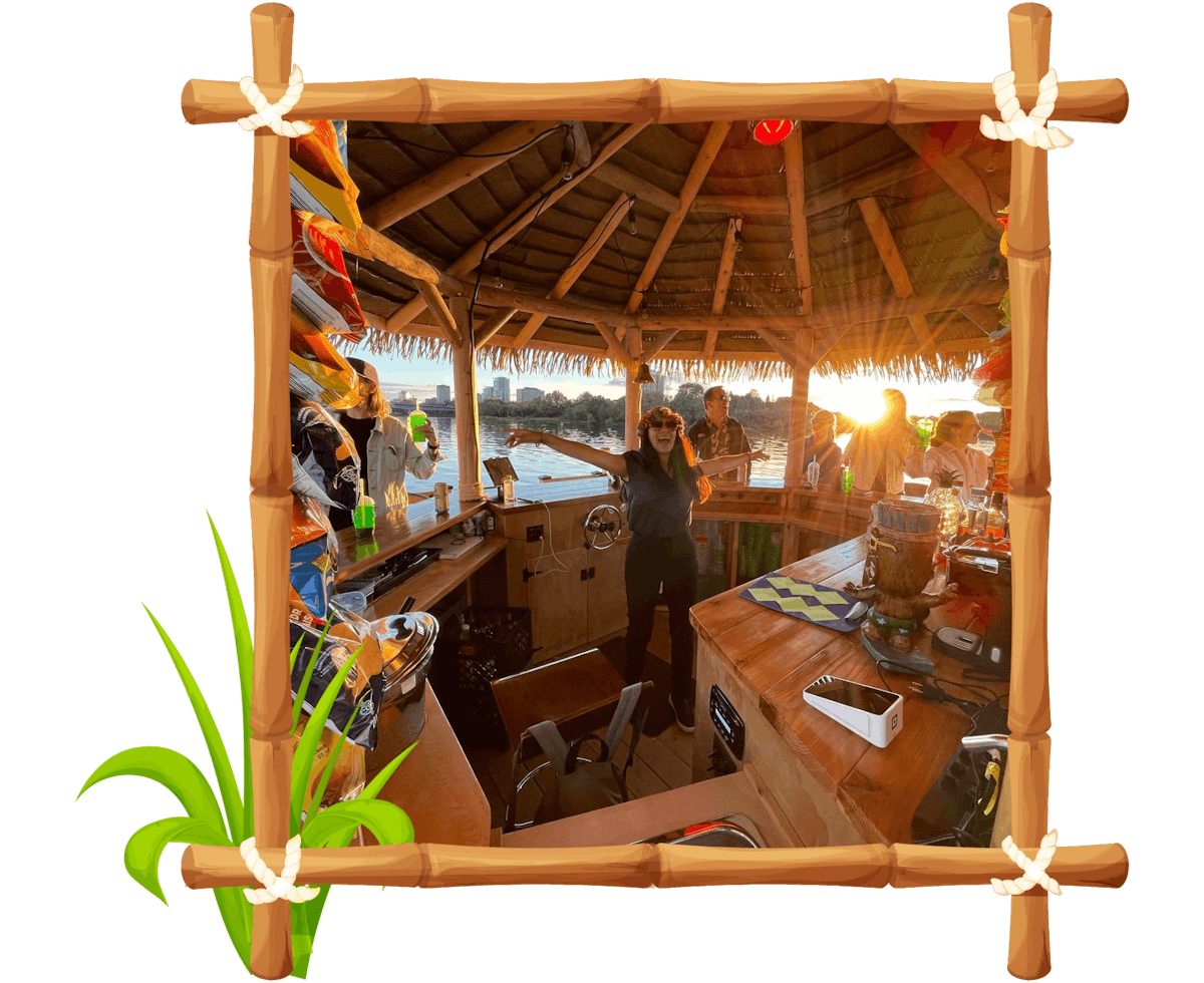 picture frame of a group on board a cancun palapa tours' floating tiki bar in cancun, mexico