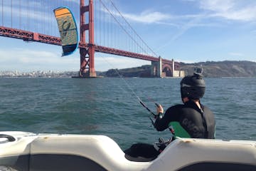 Getting ready to start kitesurfing under the Golden Gate Bridge!