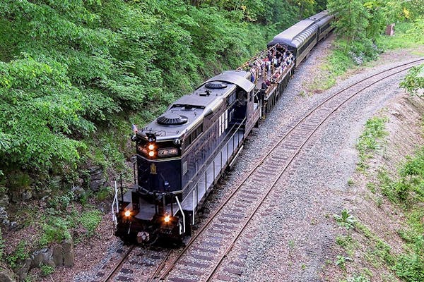 a train traveling down train tracks near a forest