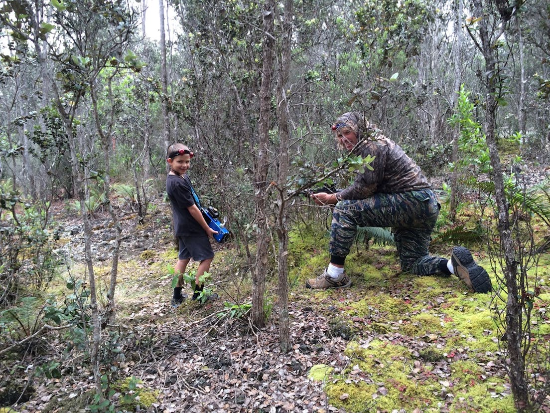 A small boy and a man hiding in the forest with laser tag guns in Hawaii