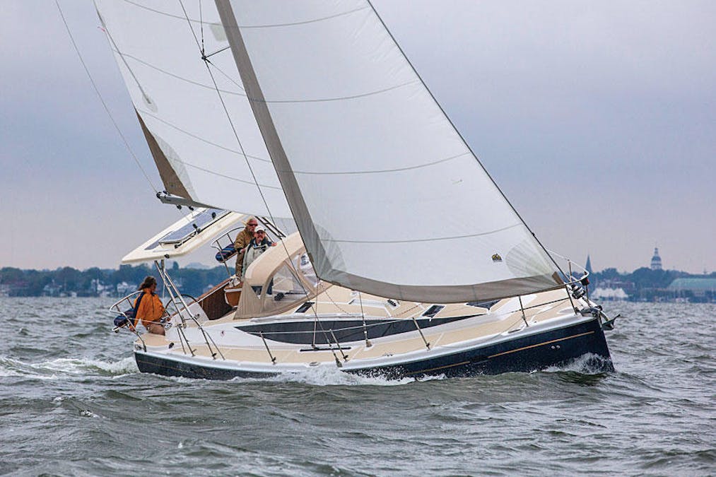 Large Sailboat on a Starboard Heel Heading Up Wind